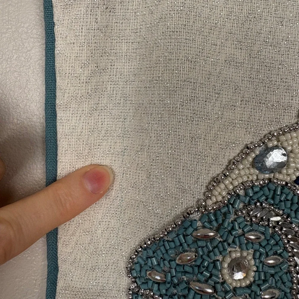 Pier One Beaded Fish‎ Pillow Sham Square 14x14 Blue Cream Sparkly Sequin Beach